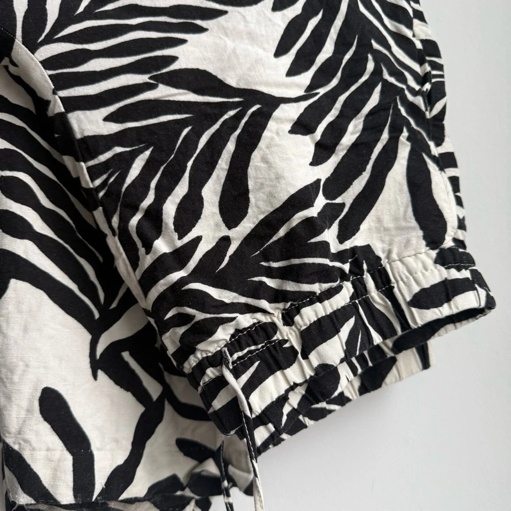 H&M Black White Tropical Leaf Print Linen Blend Wide Leg Pants S